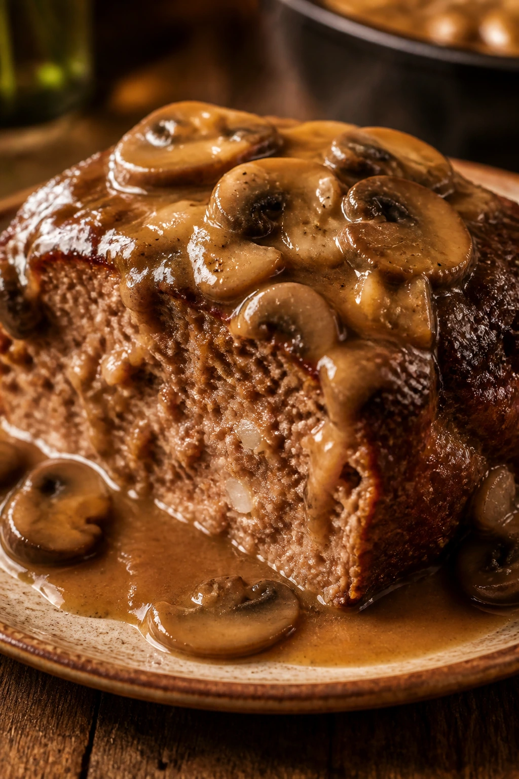 Close-up of meatloaf slice with mushroom gravy on a plate