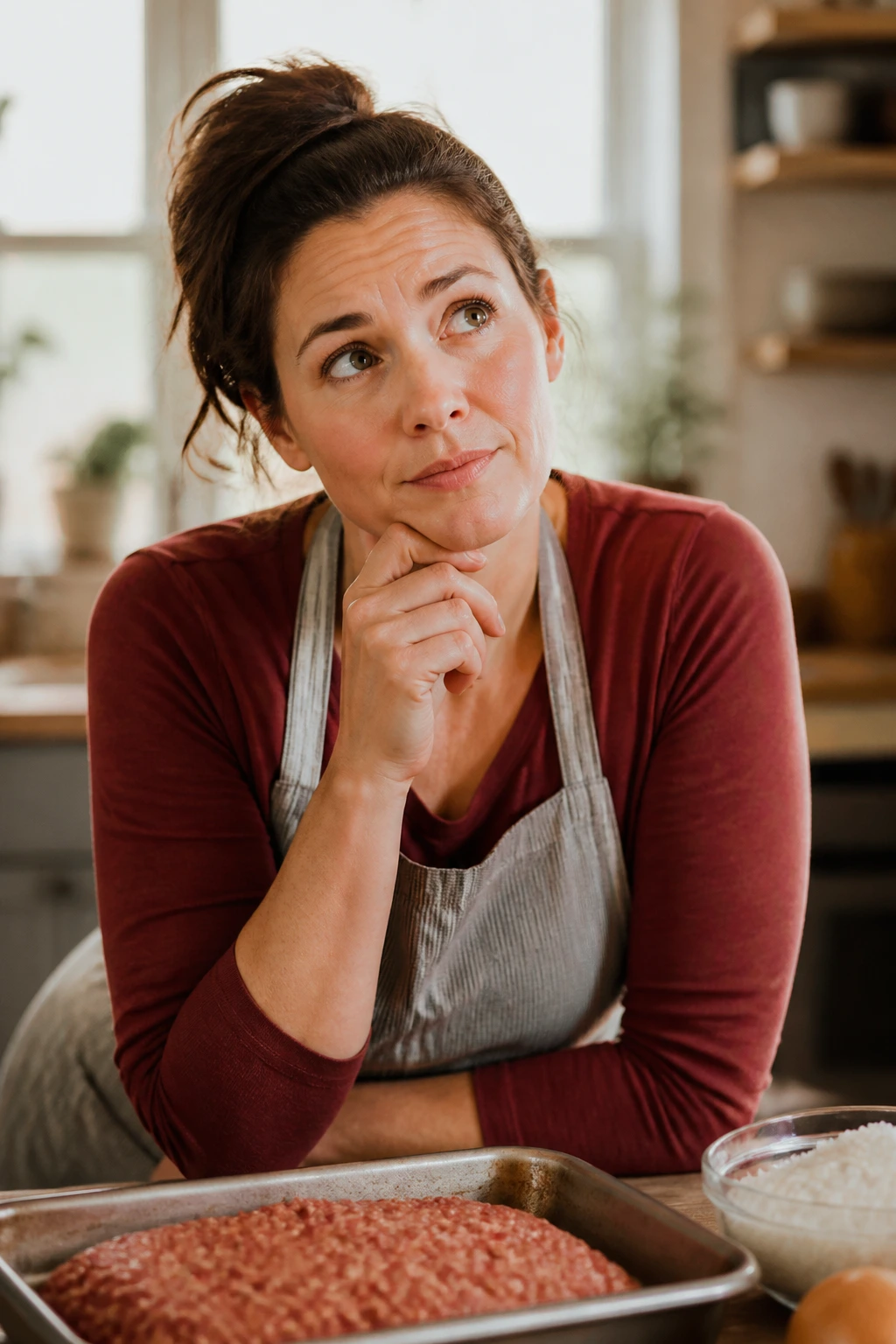 Close-up portrait of a real person in a warm kitchen contemplating meatloaf