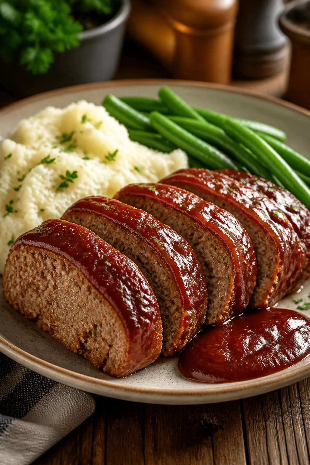 Sliced meatloaf on a warm plate with glaze and sauce