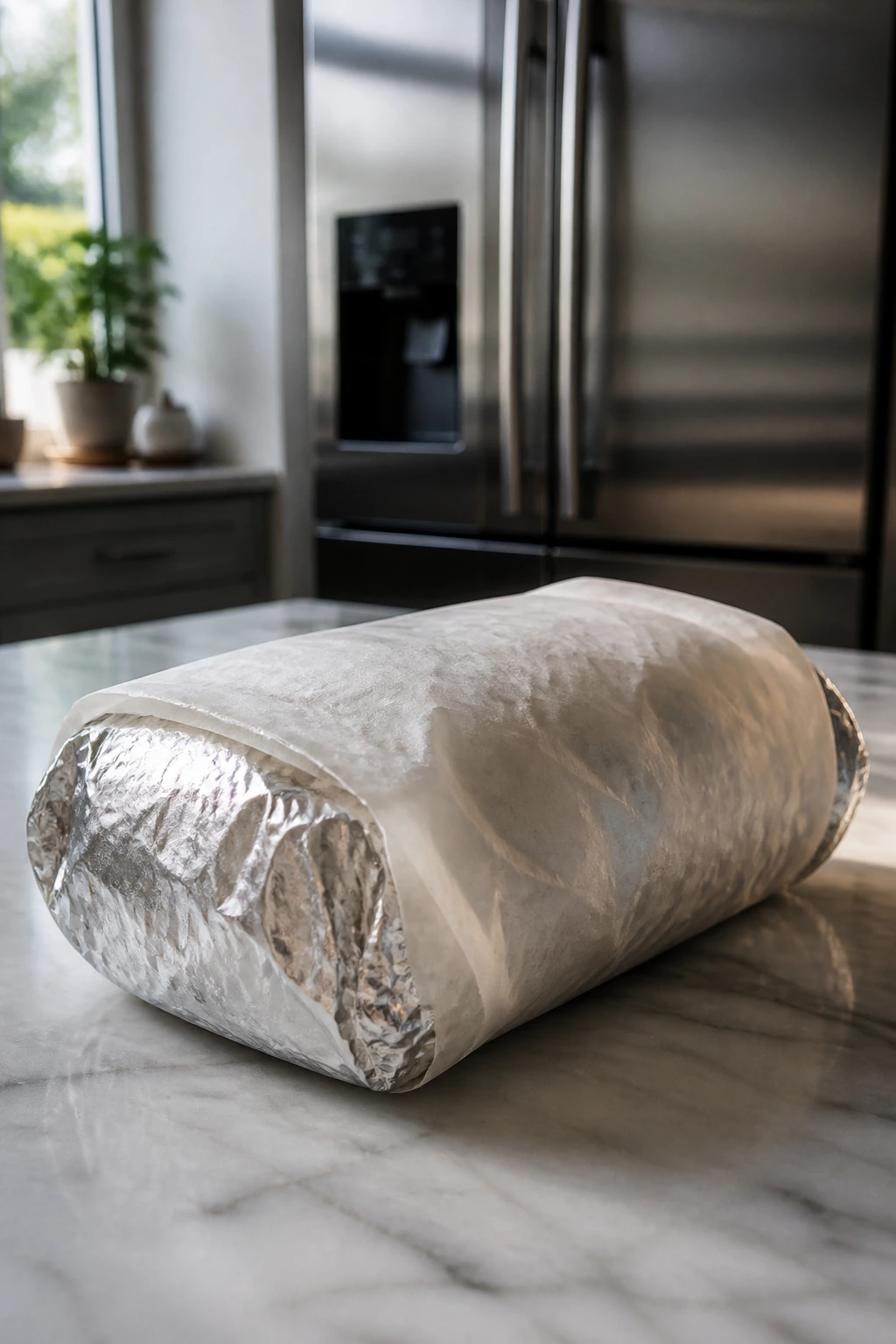 Wrapped meatloaf for storage on kitchen counter