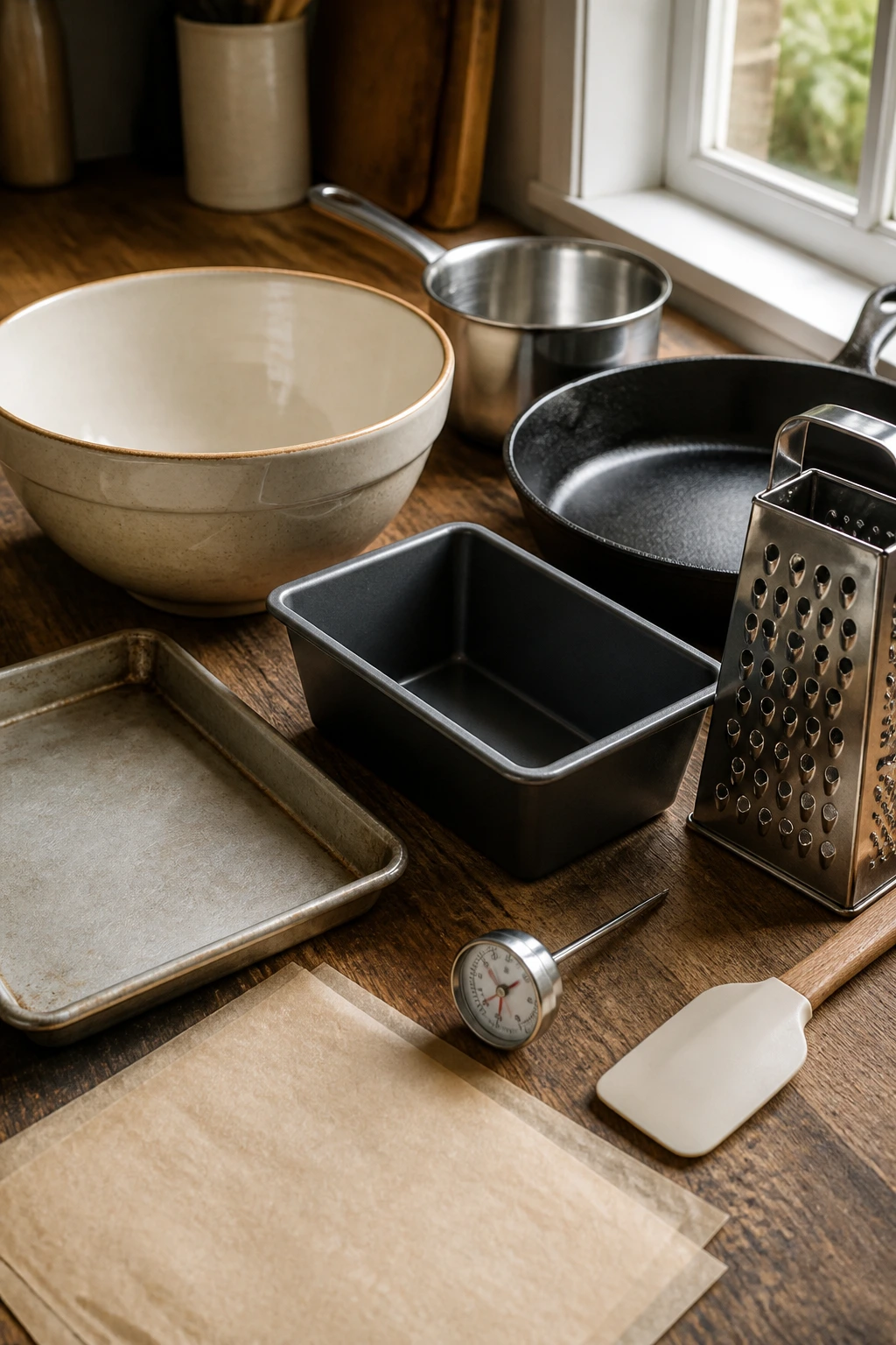 Close-up montage of essential meatloaf tools on a wooden kitchen counter