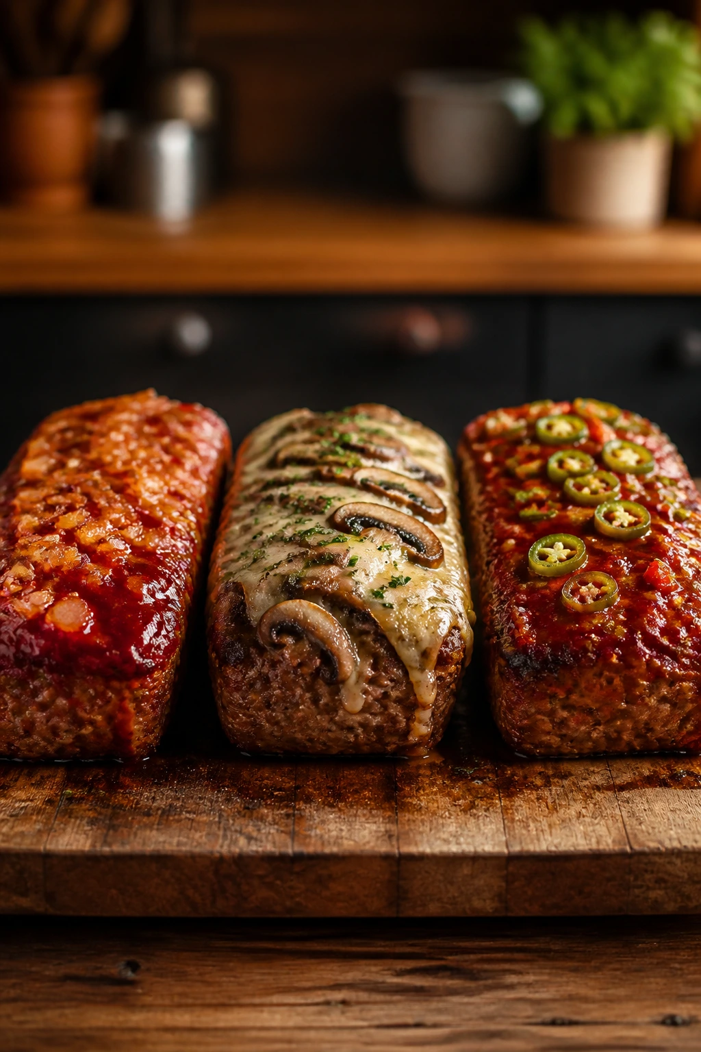 Three mini meatloaves with different toppings on a wooden board
