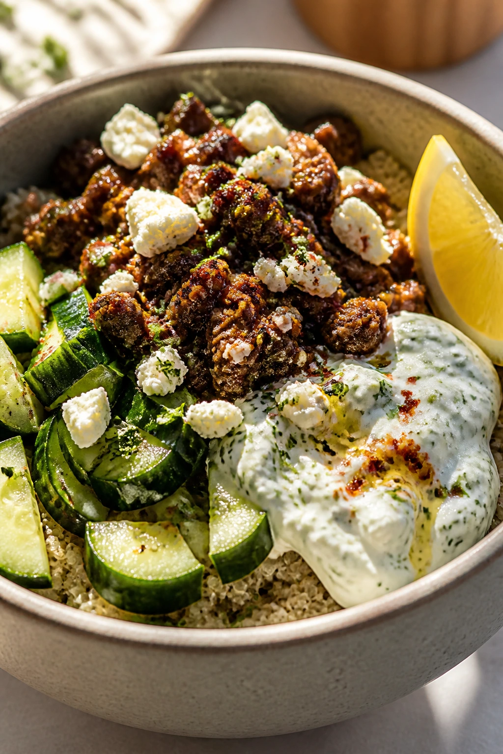 Close-up of Mediterranean hot honey beef bowl with quinoa and tzatziki.