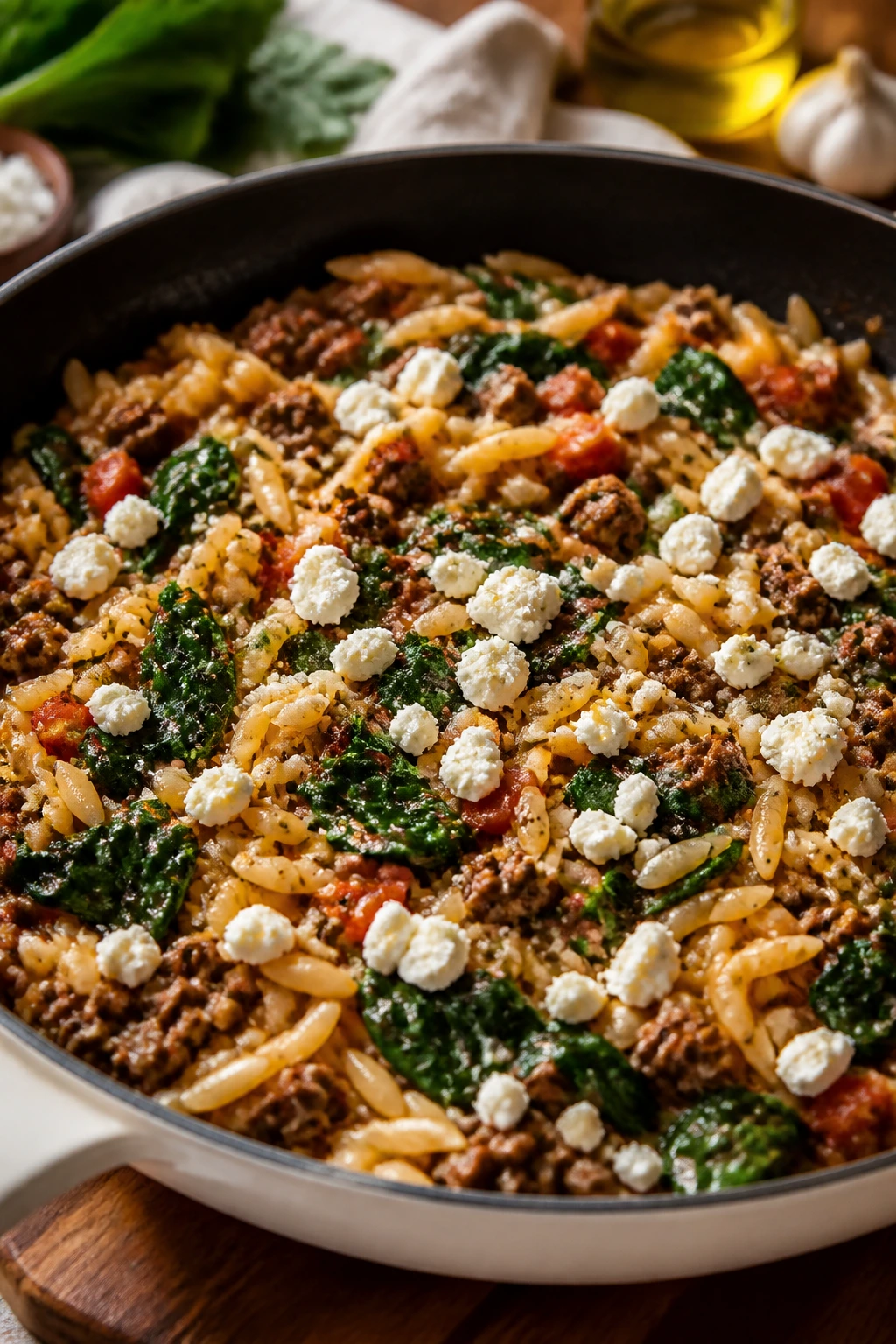 Beef and orzo skillet with spinach and feta