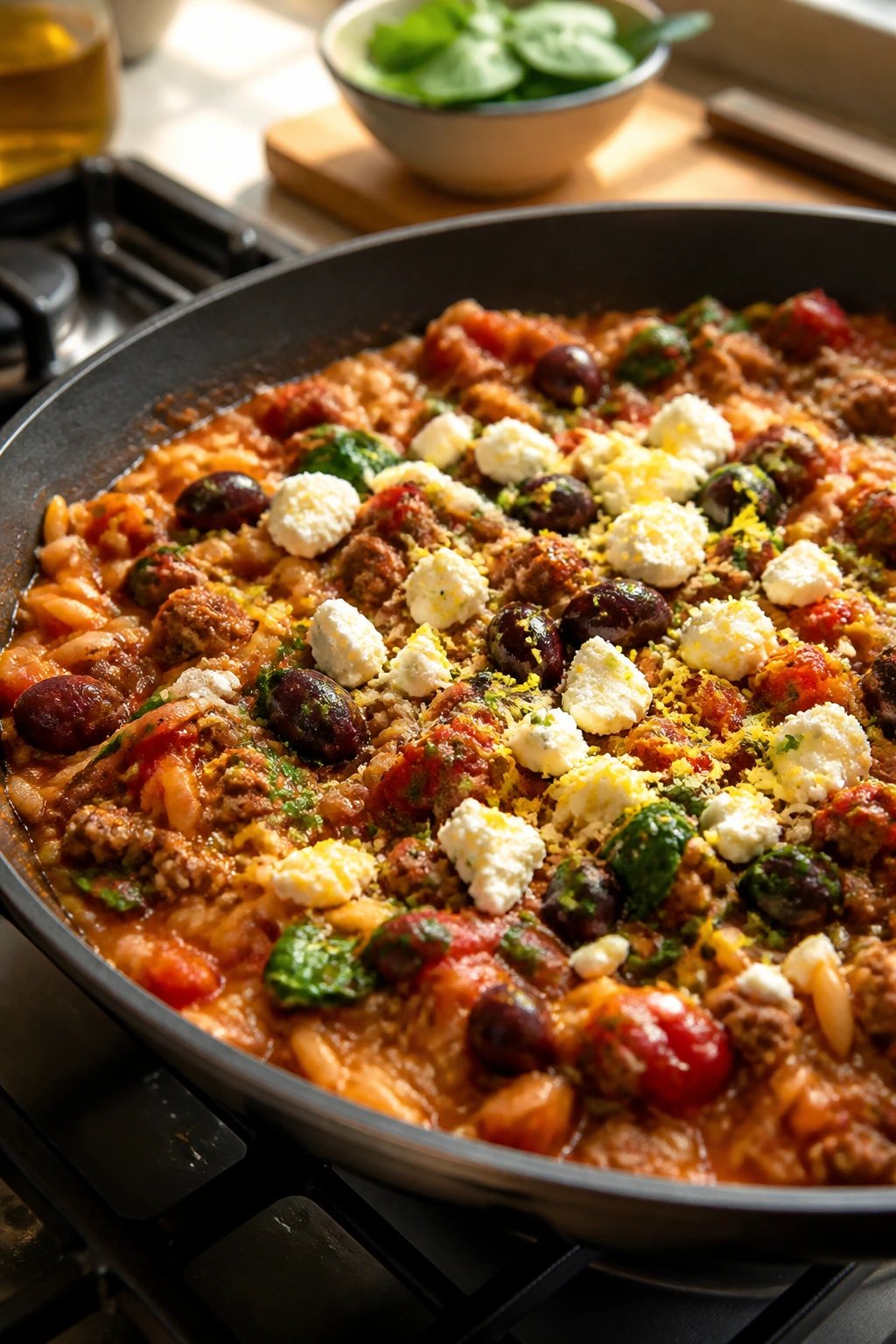 Close-up of Mediterranean beef orzo skillet with olives and feta