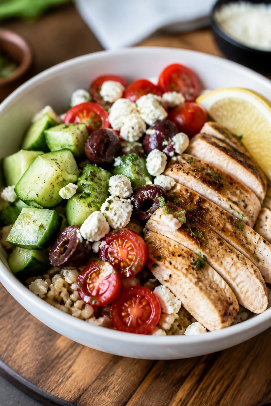 Close-up of Mediterranean chicken bowl with cucumber, tomatoes, olives, feta over grains