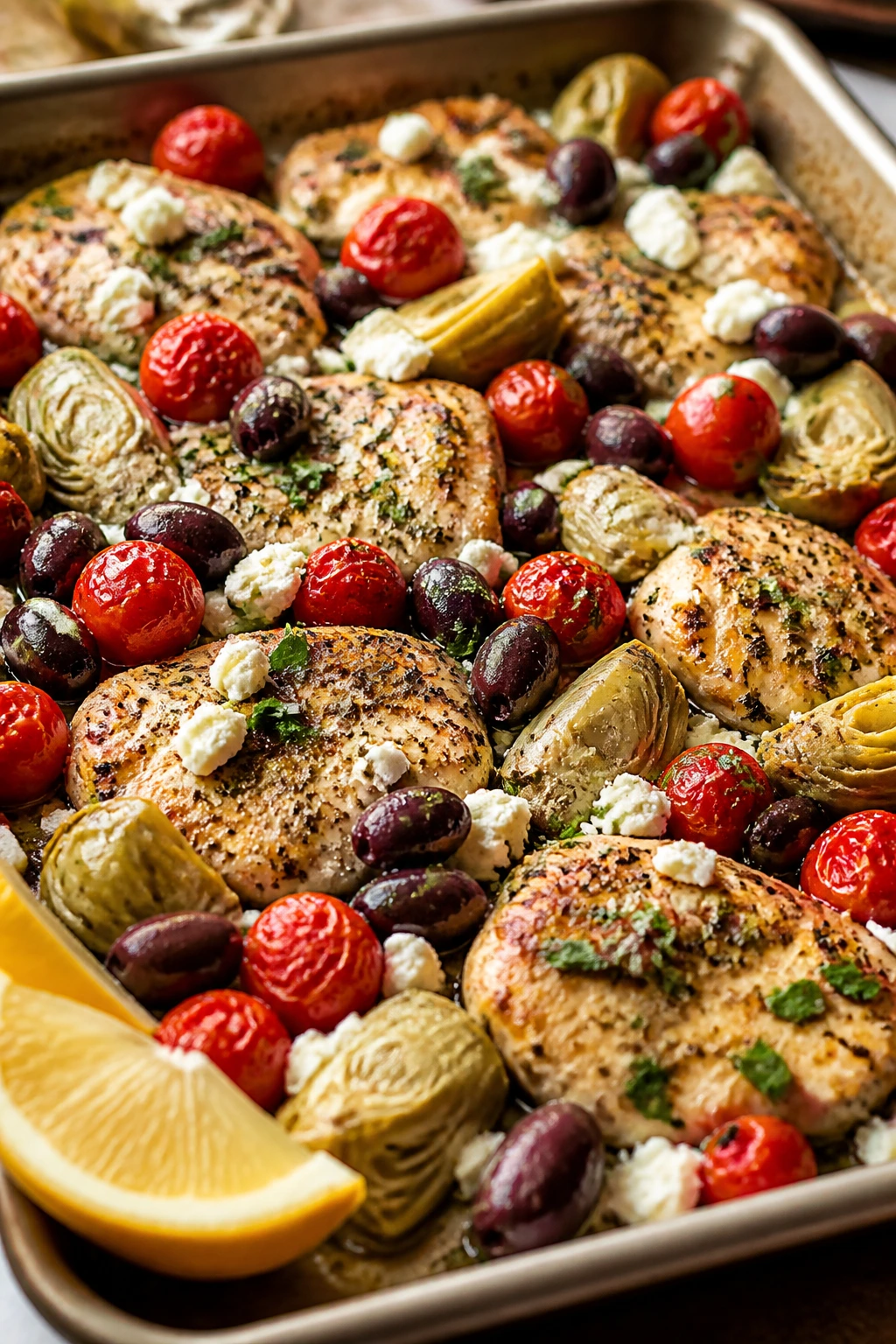 Chicken with cherry tomatoes olives and artichokes on sheet pan