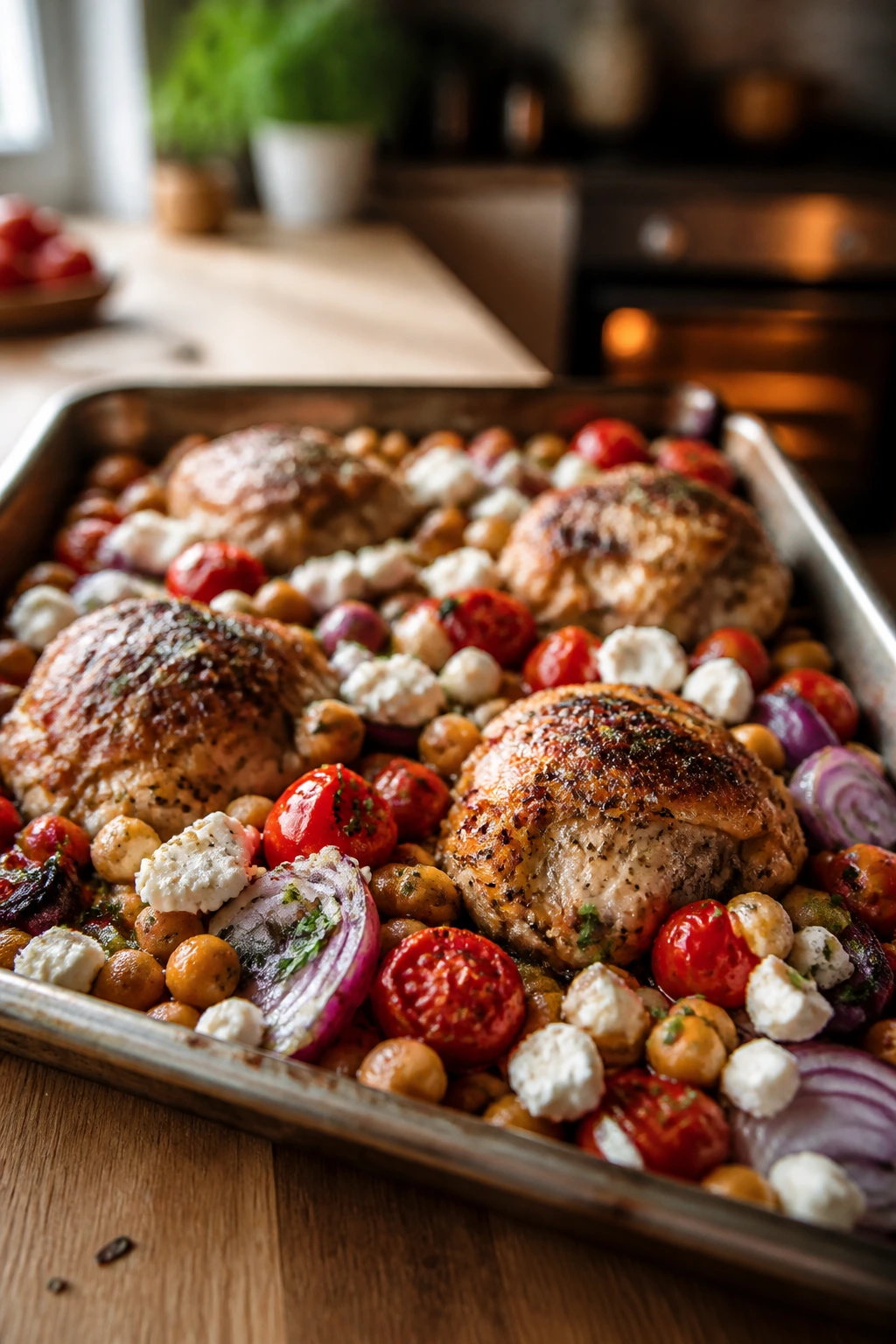Close-up of Mediterranean Chicken with Chickpeas, Tomatoes, and Feta on a sheet-pan roast in a bright home kitchen.