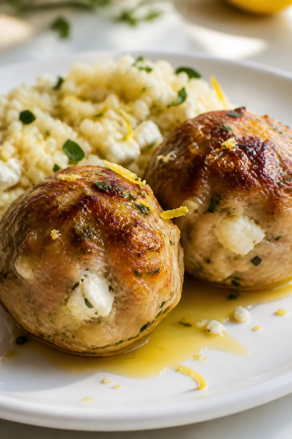 Close-up of feta-filled chicken meatballs on a plate