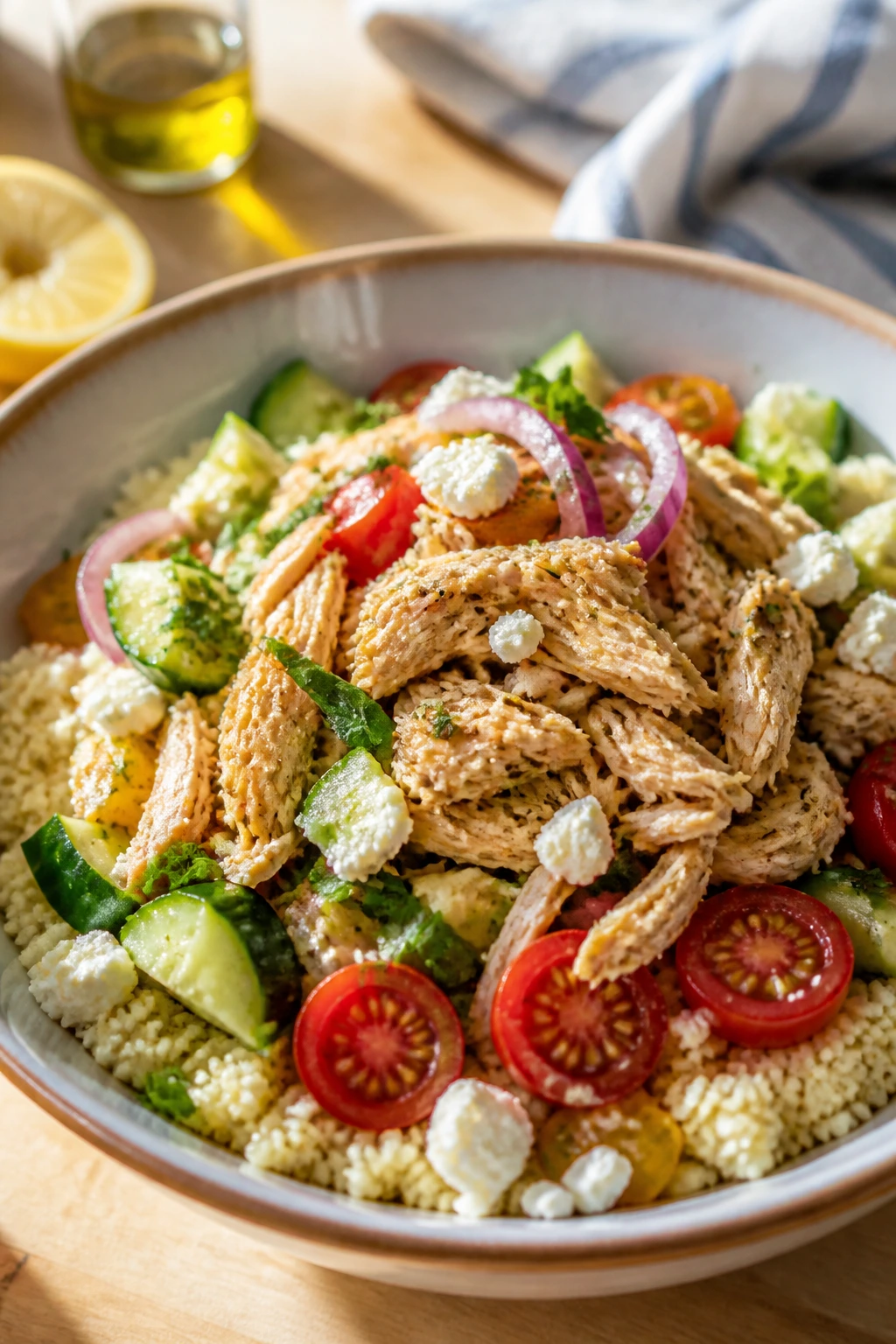Mediterranean chicken couscous bowl with cucumber, tomatoes and feta.