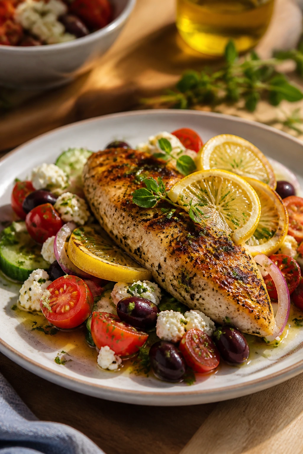 Close-up of a bright Mediterranean dinner plate with lemon and olives