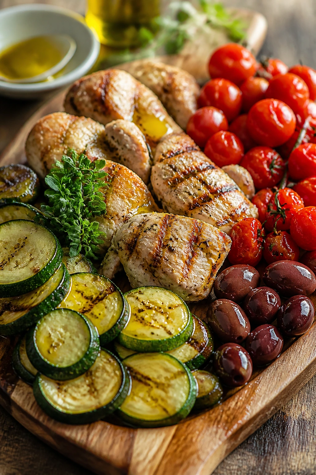 Close-up of a rustic board with Mediterranean ingredients representing a collection