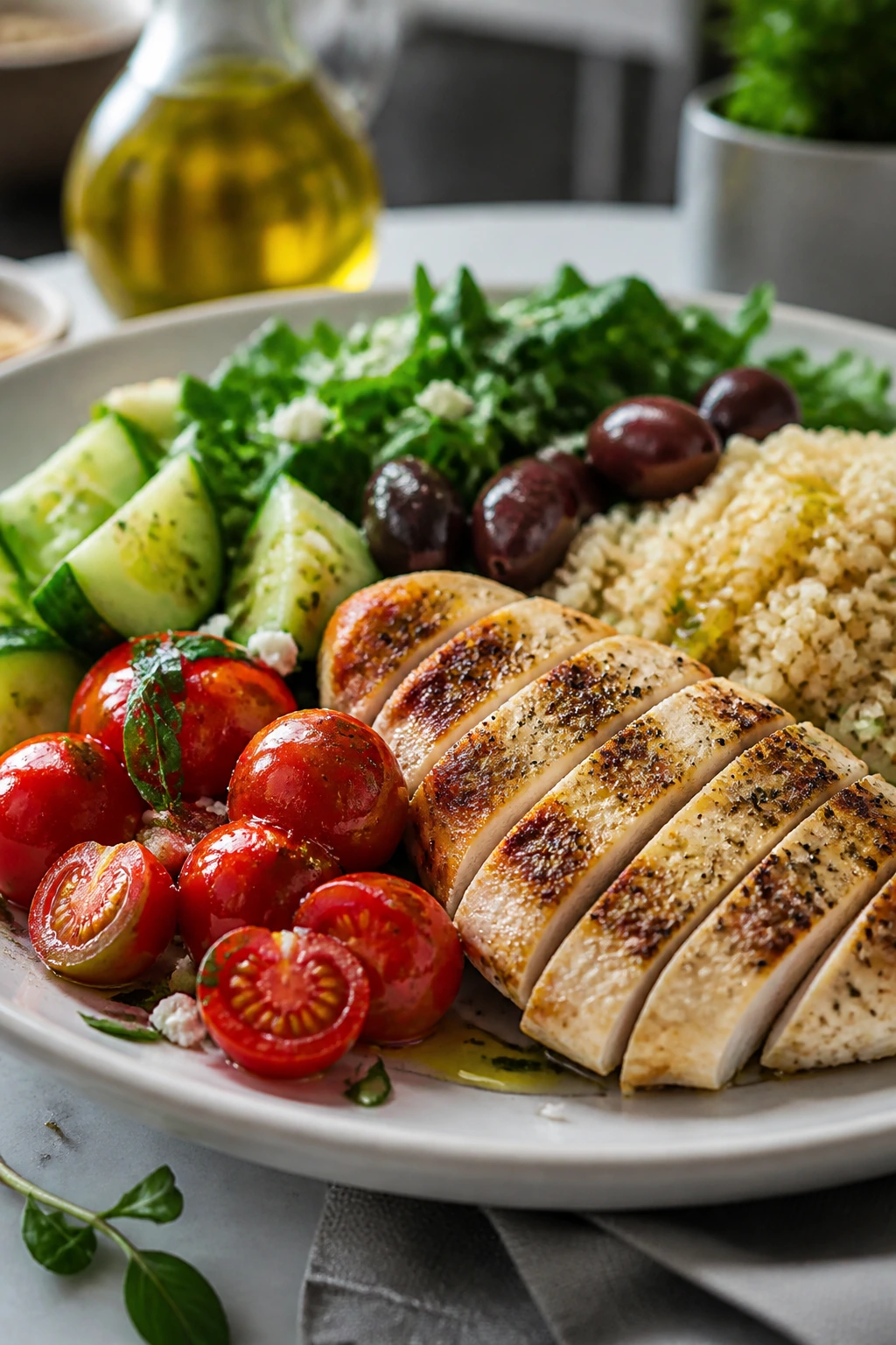 Balanced plate with protein and vegetables showing Mediterranean pattern