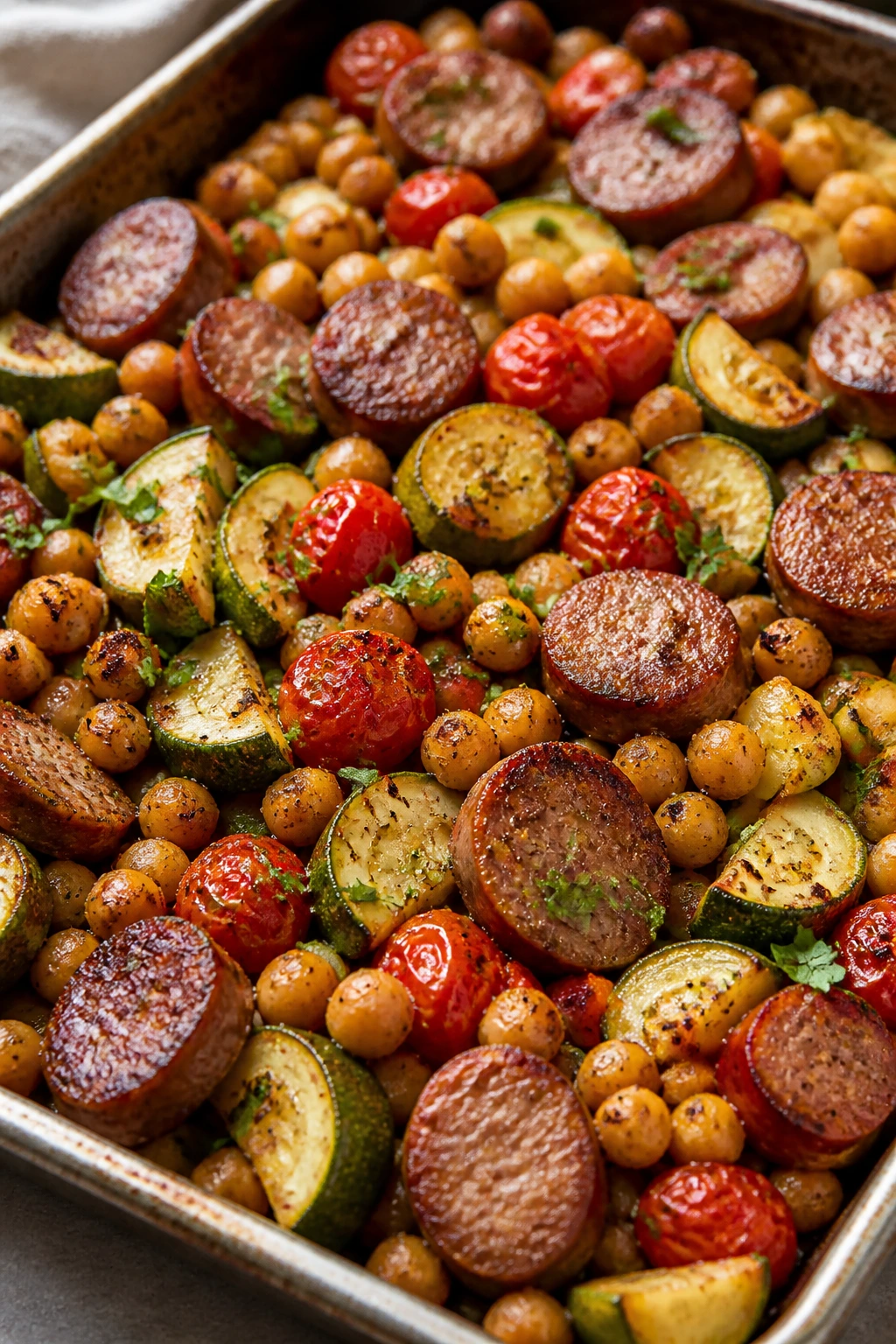 Sausage and chickpeas on a sheet pan with zucchini and tomatoes