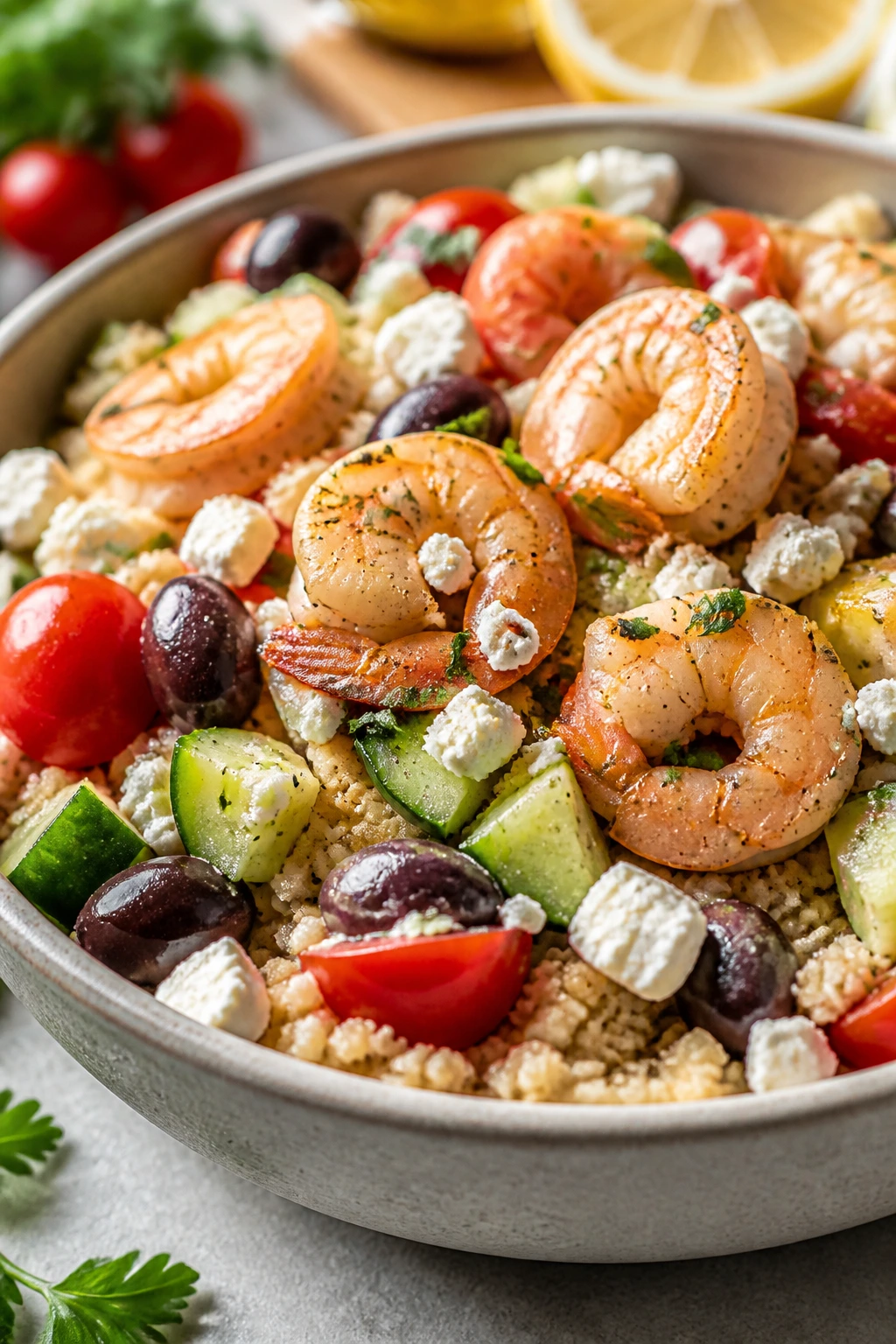 Close-up of shrimp and vegetables over couscous in a bowl