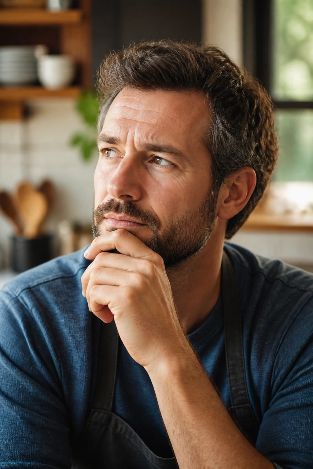 Thoughtful home cook portrait in a kitchen considering menu questions