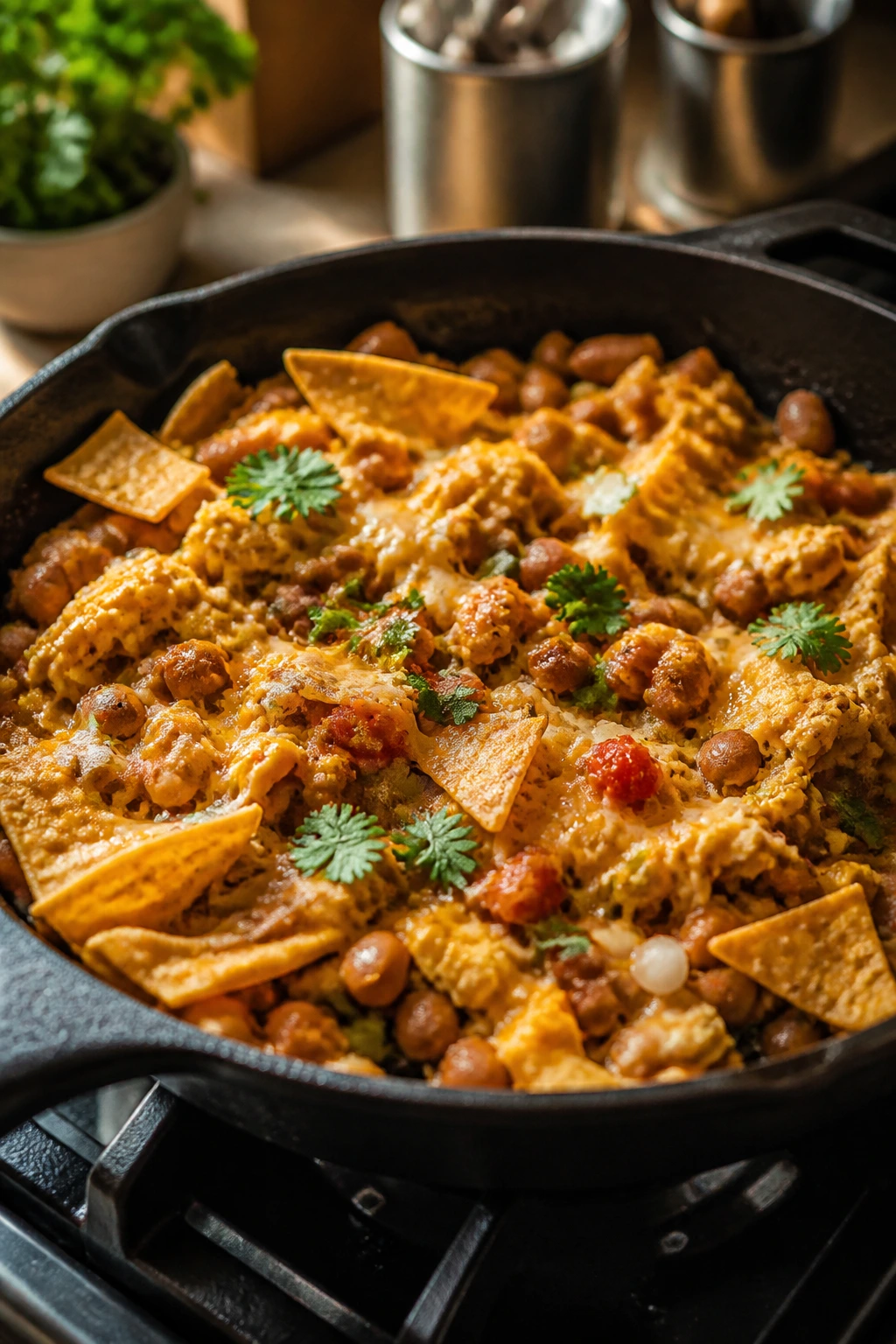 Close-up of migas with beans and tortillas in a skillet, warm kitchen lighting