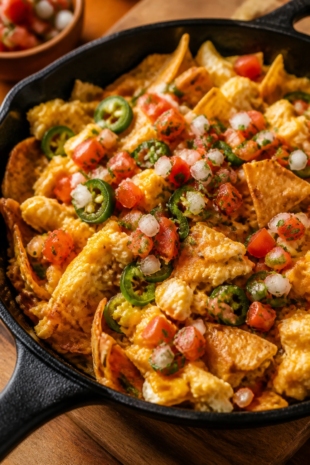 Migas with crispy tortilla strips and eggs in a skillet