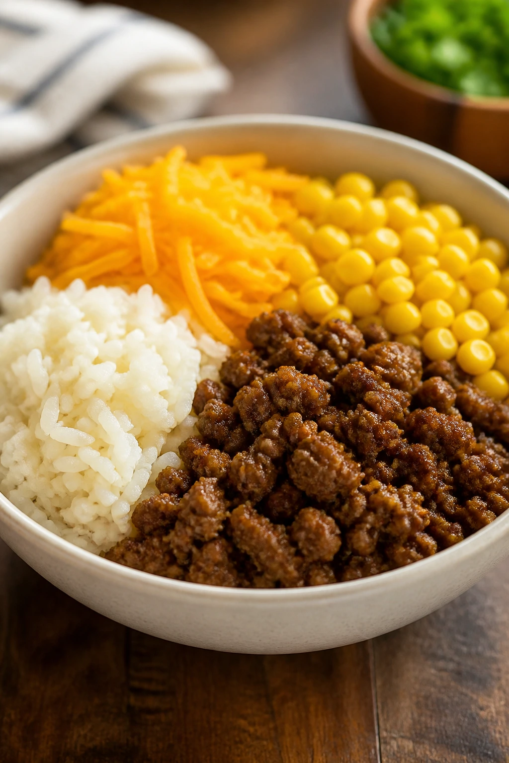 Close-up of mild beef taco bowls showing rice, beef, corn, and cheese