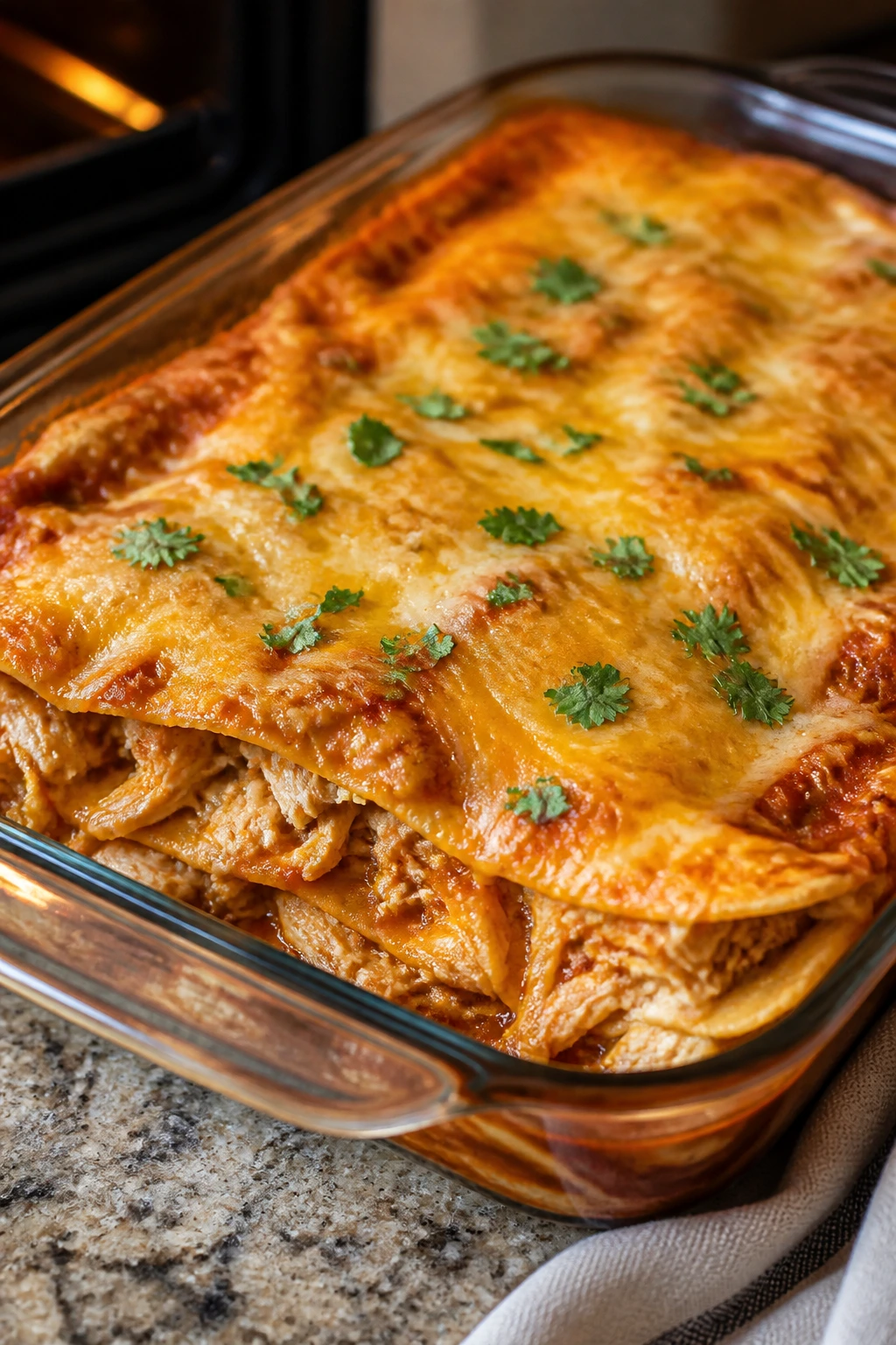 Close-up of mild chicken enchilada casserole showing layered tortillas and cheese