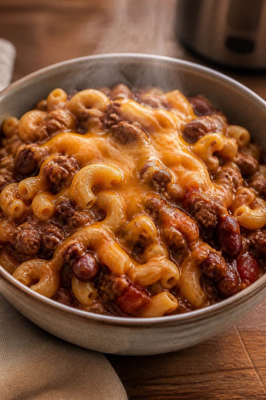 Bowl of mild chili mac with cheese and beans
