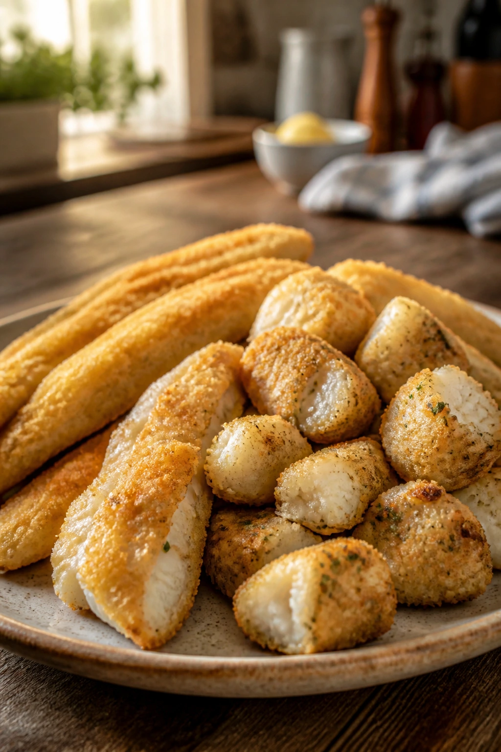 Close-up plate of mild cod dinners in familiar shapes in a cozy kitchen.