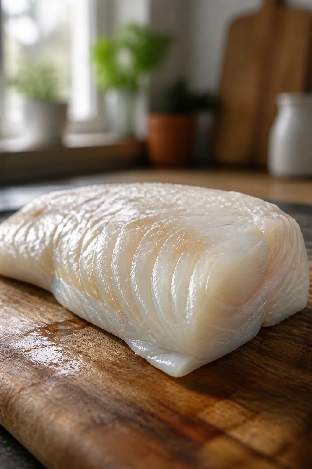 Close-up of mild cod fillet on cutting board