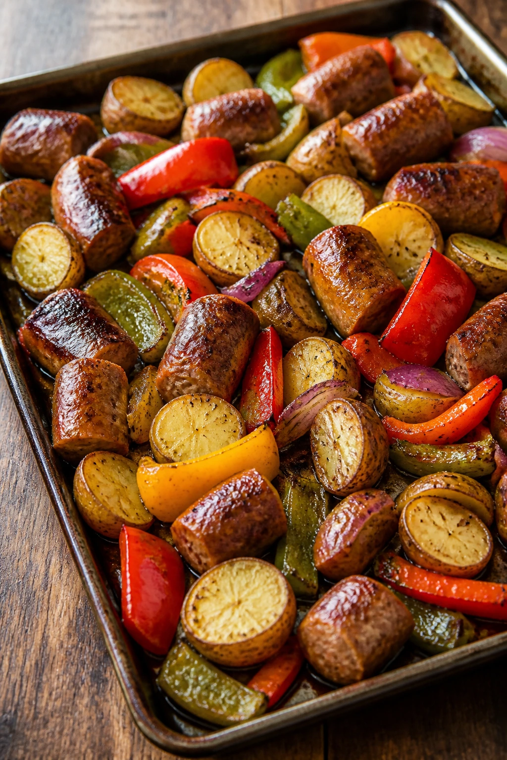 Close-up of mild Italian sausage with peppers and baby potatoes sheet-pan dinner on a wooden counter