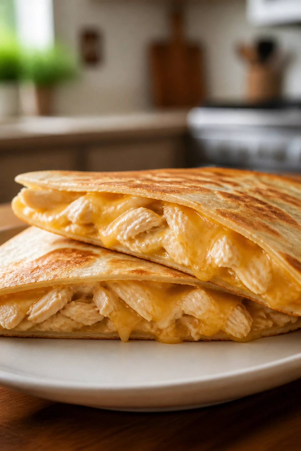 Mild chicken quesadilla showing melted cheese and shredded chicken