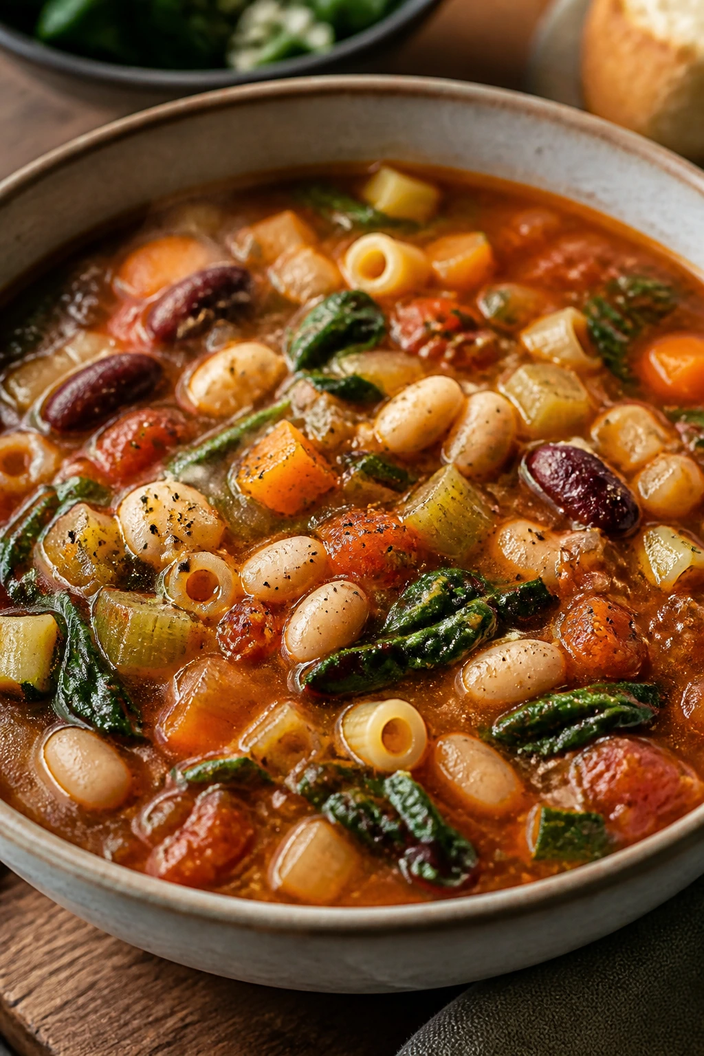 Hearty minestrone soup with beans and pasta in a bowl