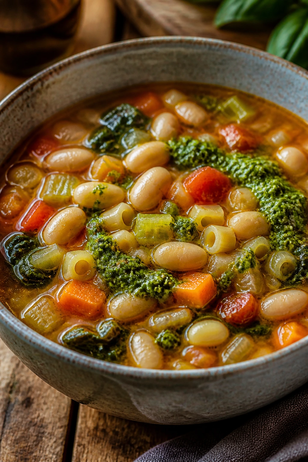 Close-up of minestrone with cannellini beans and pesto
