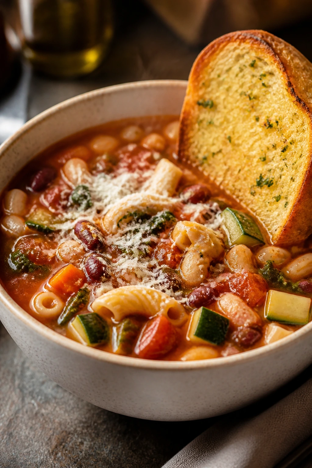 Bowl of minestrone with garlic toast on the side.