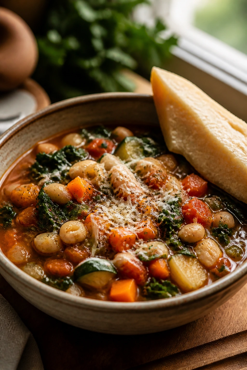 Colorful veggie minestrone with Parmesan rind in bowl