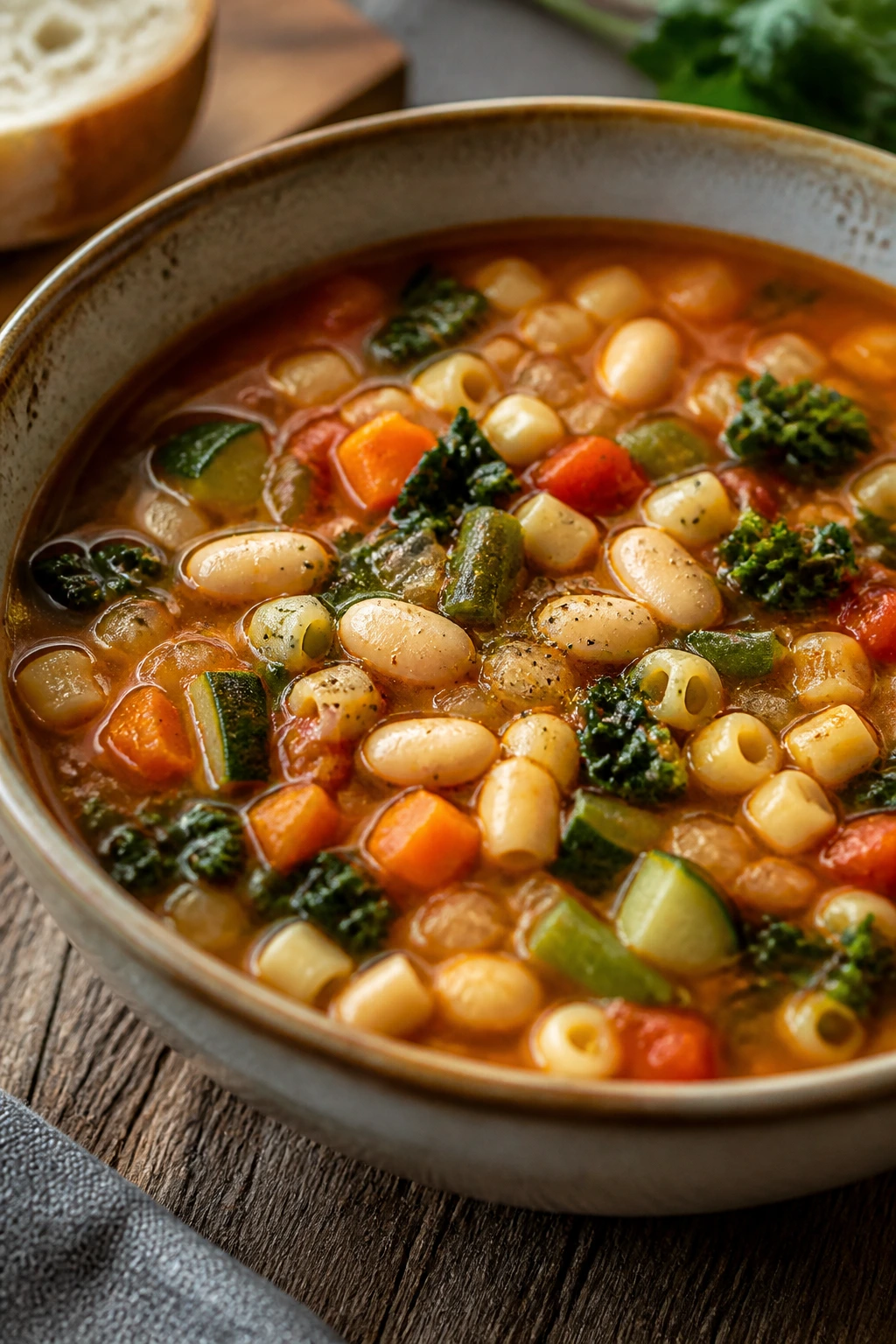 Close-up of minestrone with pasta and beans in a rustic bowl