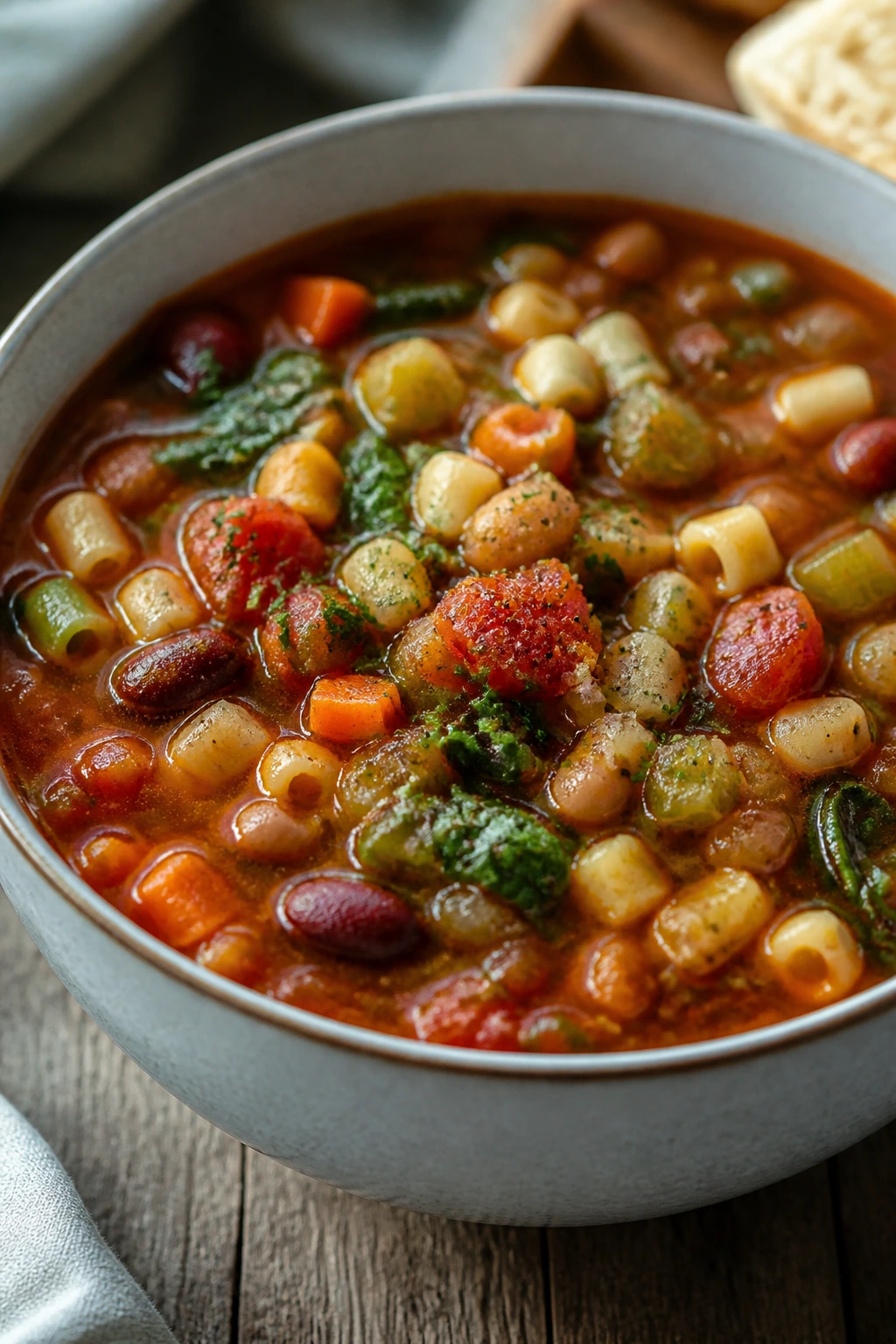 Close-up of minestrone soup with beans and pasta in a bowl