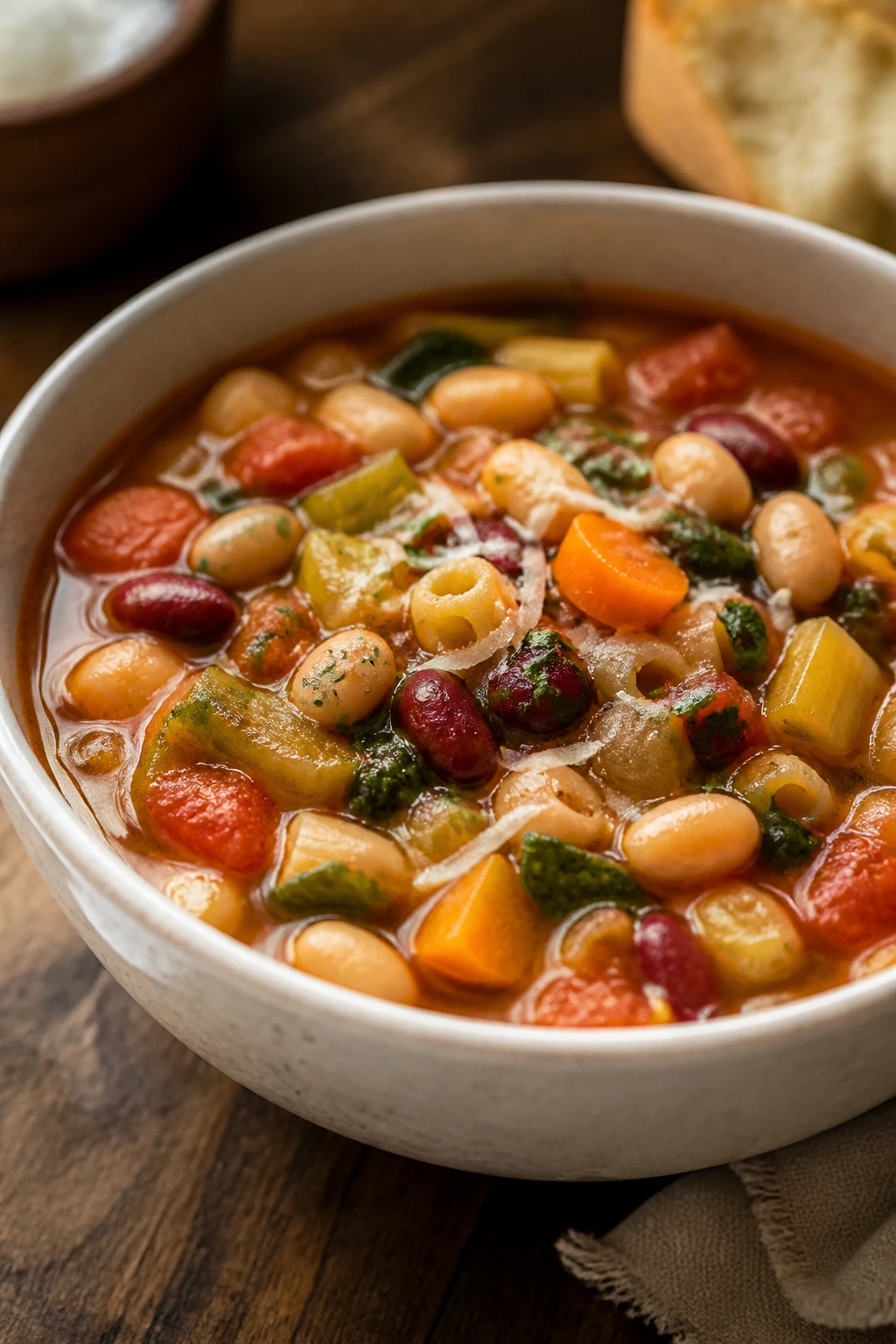 Close-up of minestrone soup with beans and vegetables in a bowl