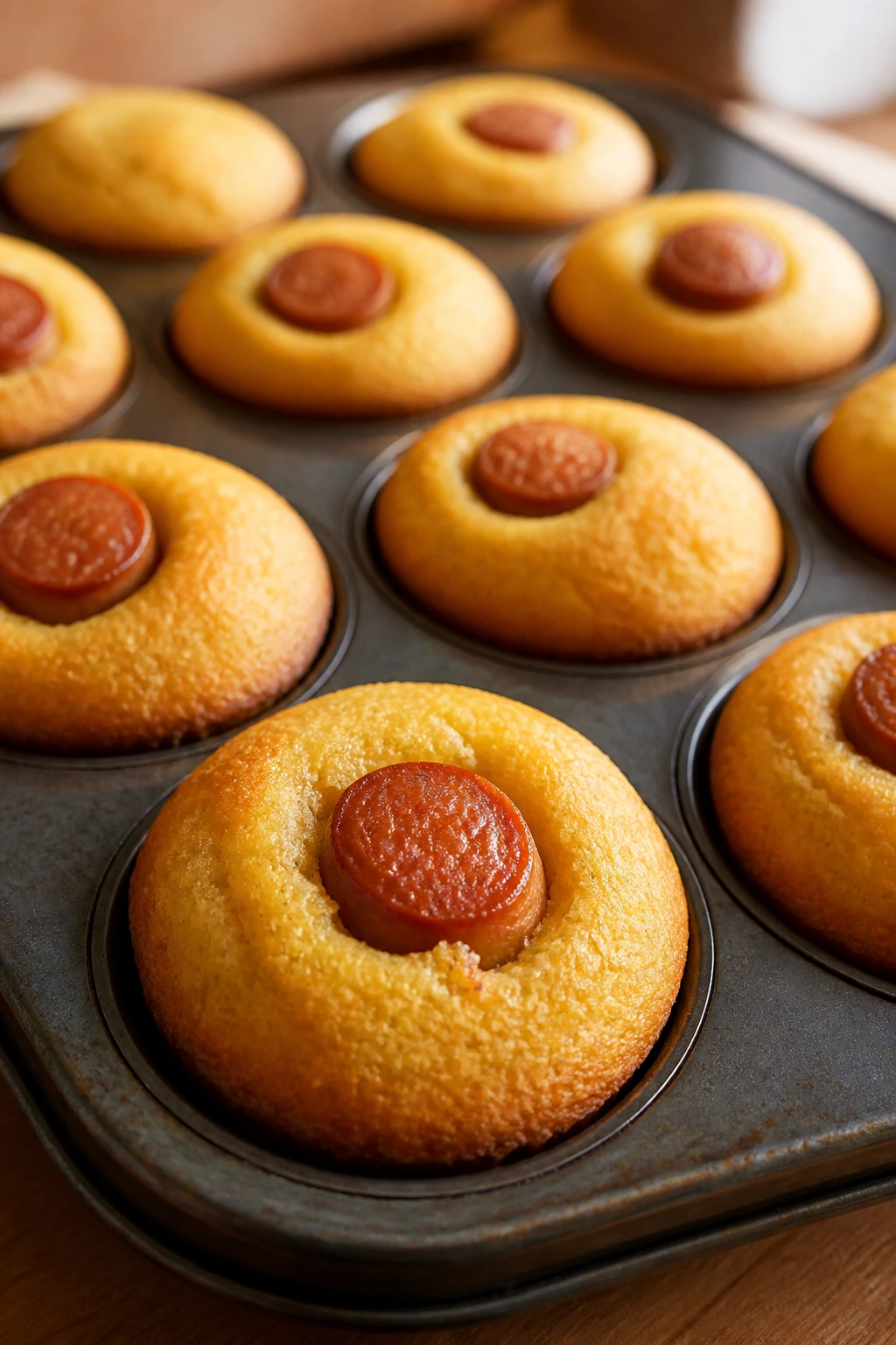 Tray of golden mini corn dog muffins on baking sheet