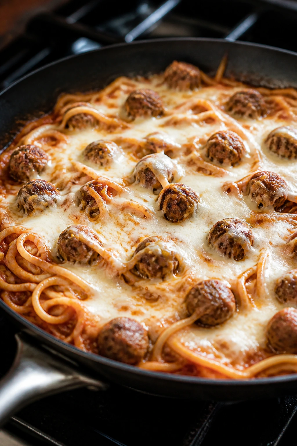 Close-up of mini meatballs and mozzarella in a spaghetti skillet