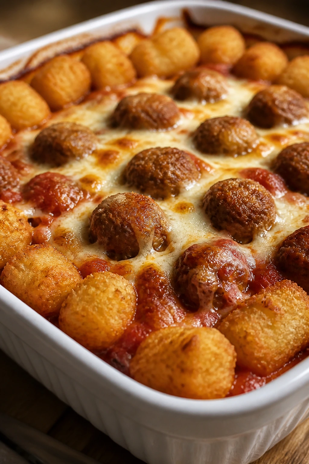 Close-up of mini meatball marinara tater tot casserole with tots on top