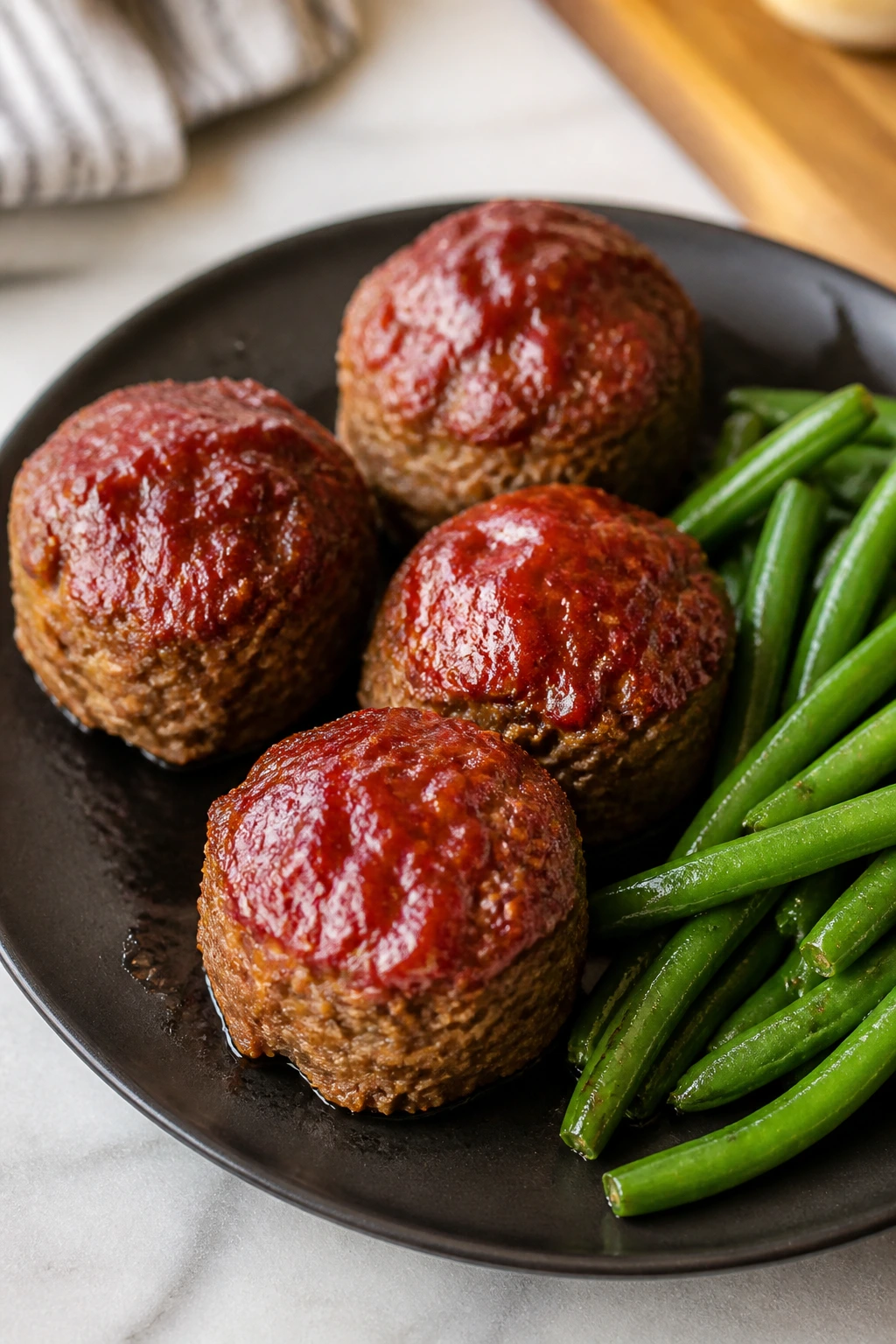 Mini meatloaves with green beans on a plate
