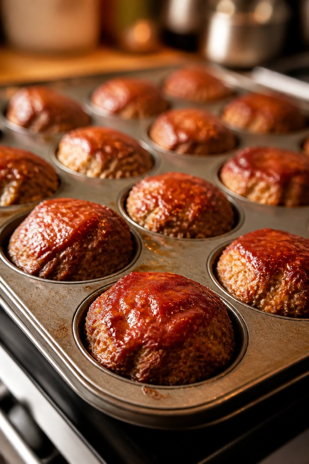 Mini meatloaf muffins in muffin tin with glaze