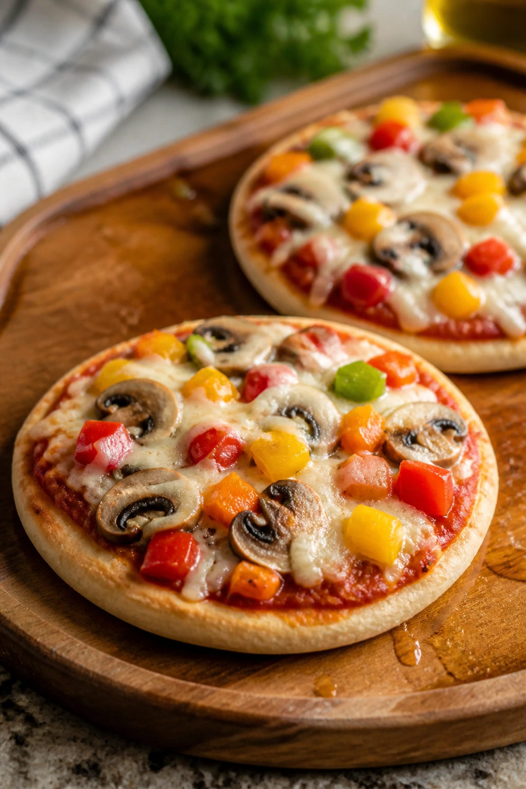 Two mini pita pizzas with cheese and vegetables on a wooden sheet