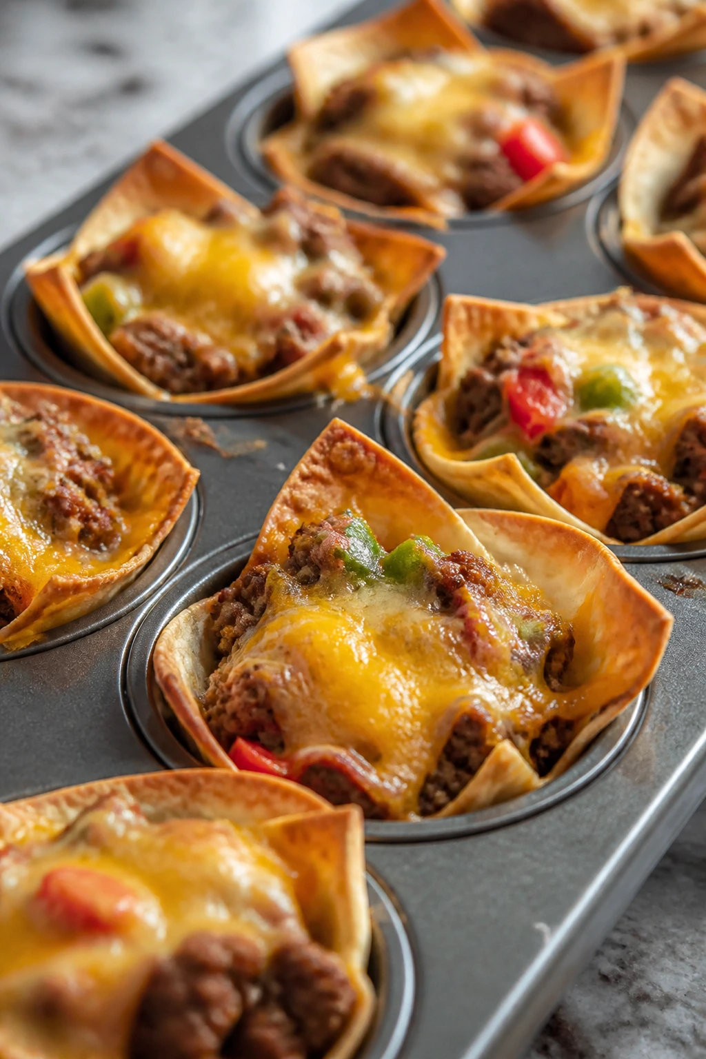 Crispy mini taco cups in a muffin tin on a kitchen counter.