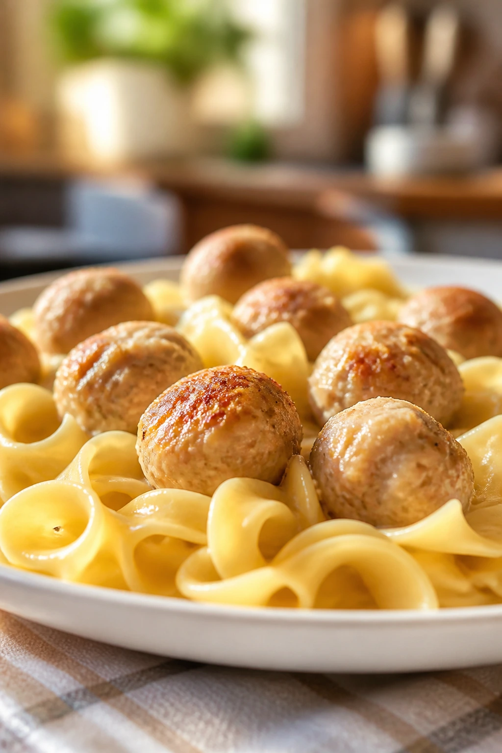 Close-up of mini turkey meatballs with buttered noodles on a plate