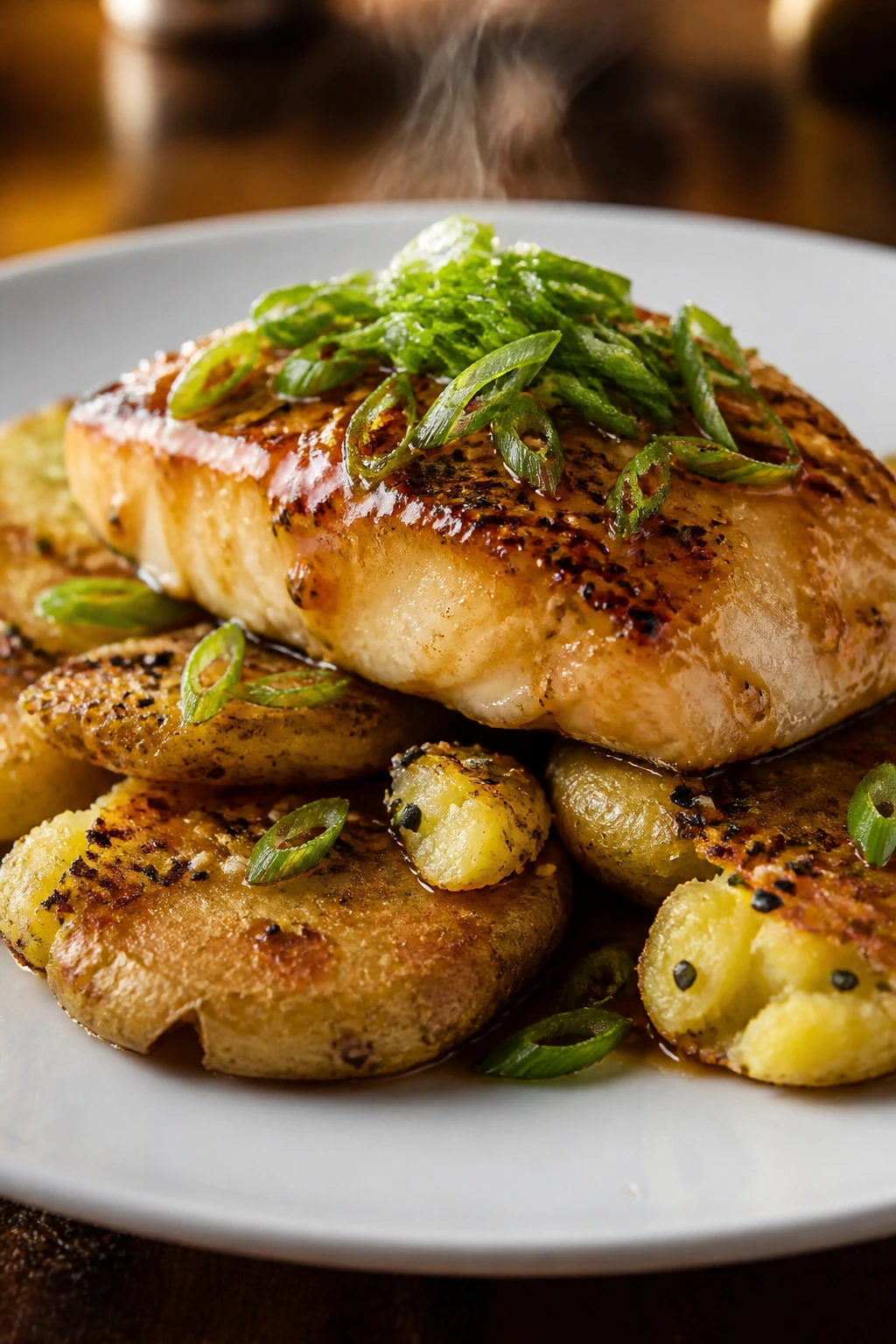 Close-up of miso-glazed cod with sesame smashed potatoes on a plate