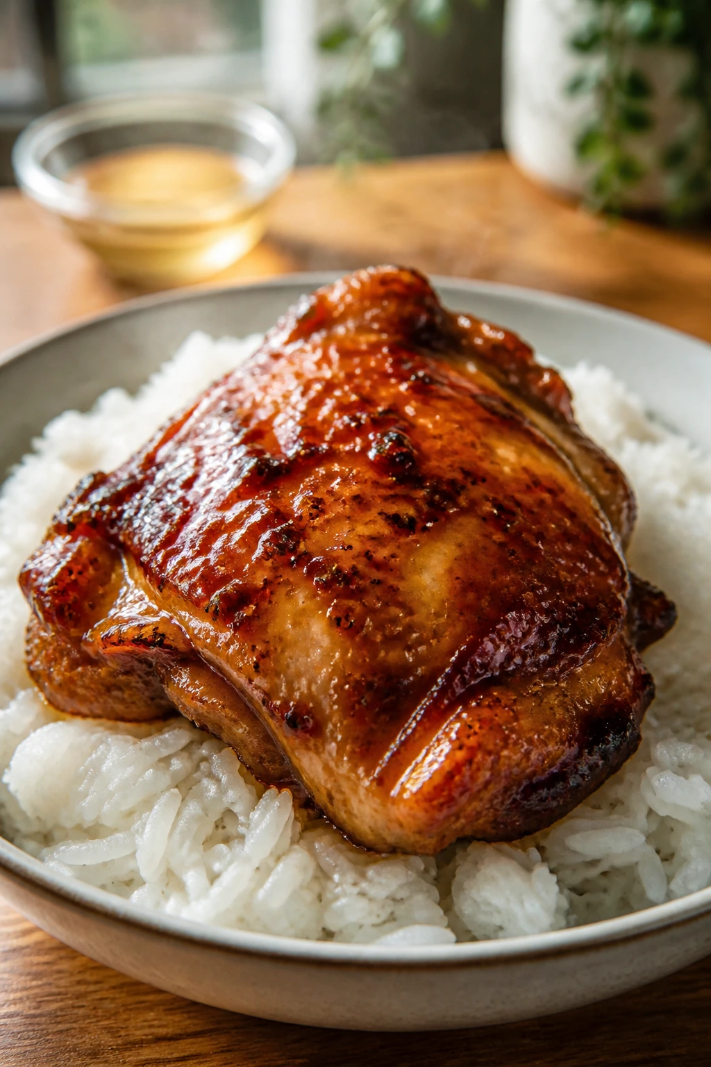 Close-up of miso-glazed chicken thigh over rice
