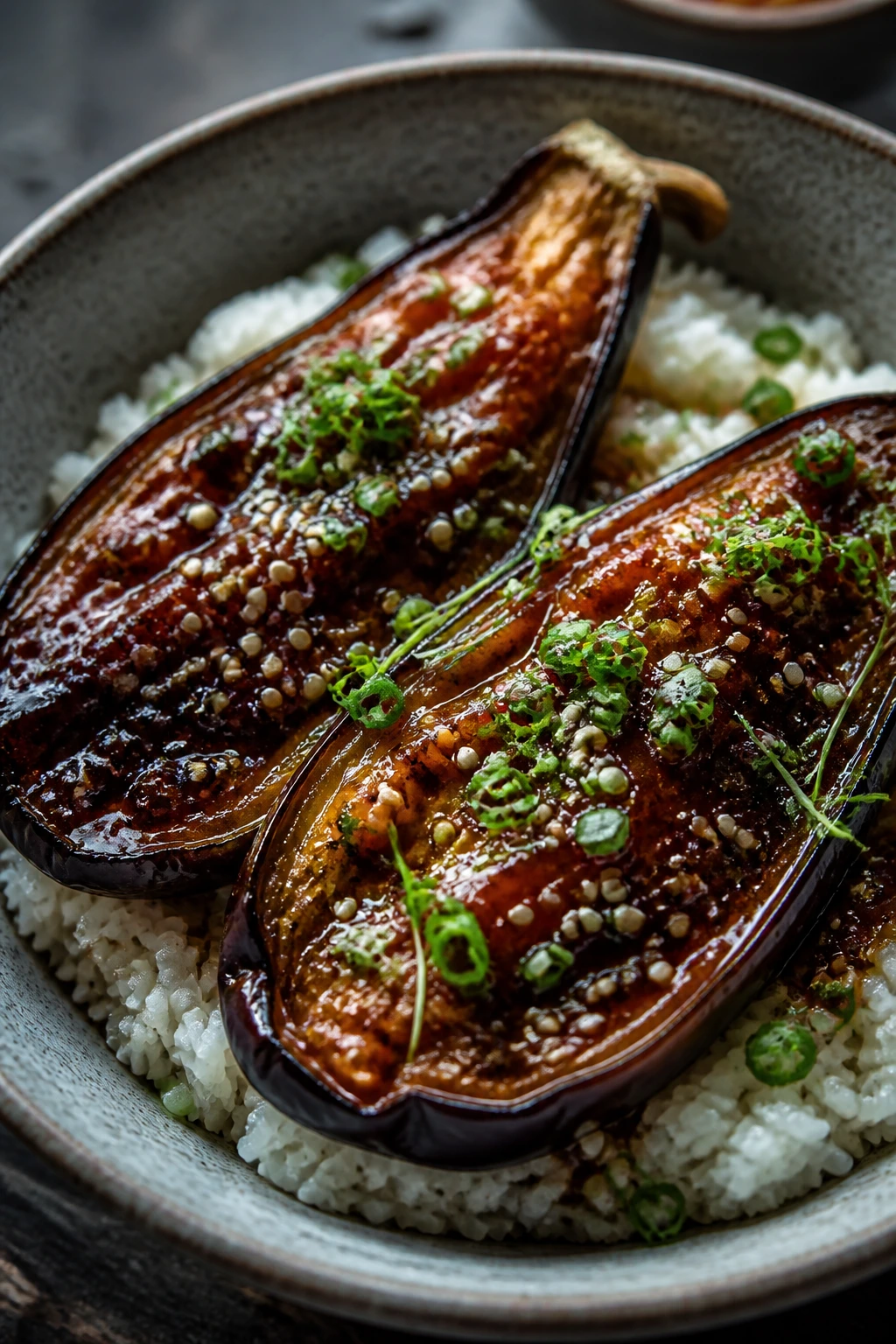 Miso-glazed eggplant bowls on rice in a bowl
