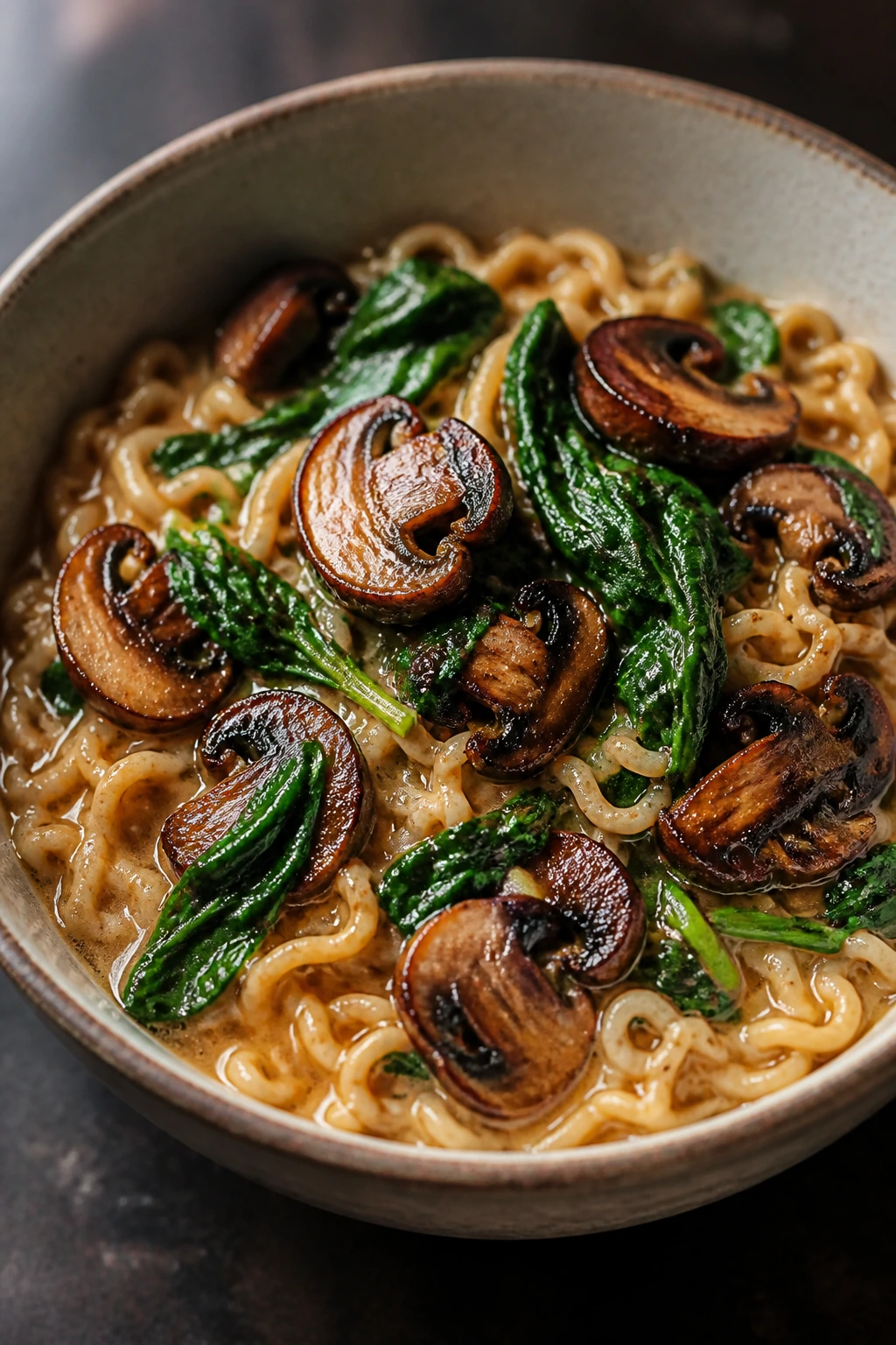 Close-up of miso mushroom ramen with spinach