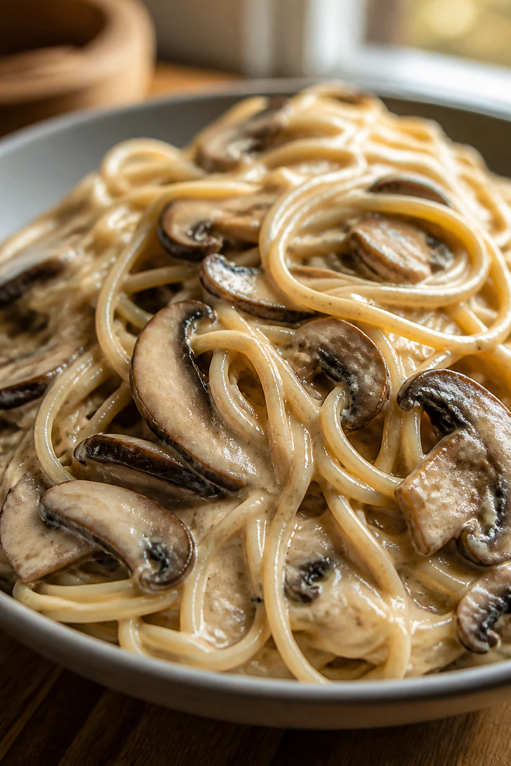 Close-up of miso mushroom spaghetti in a cozy kitchen