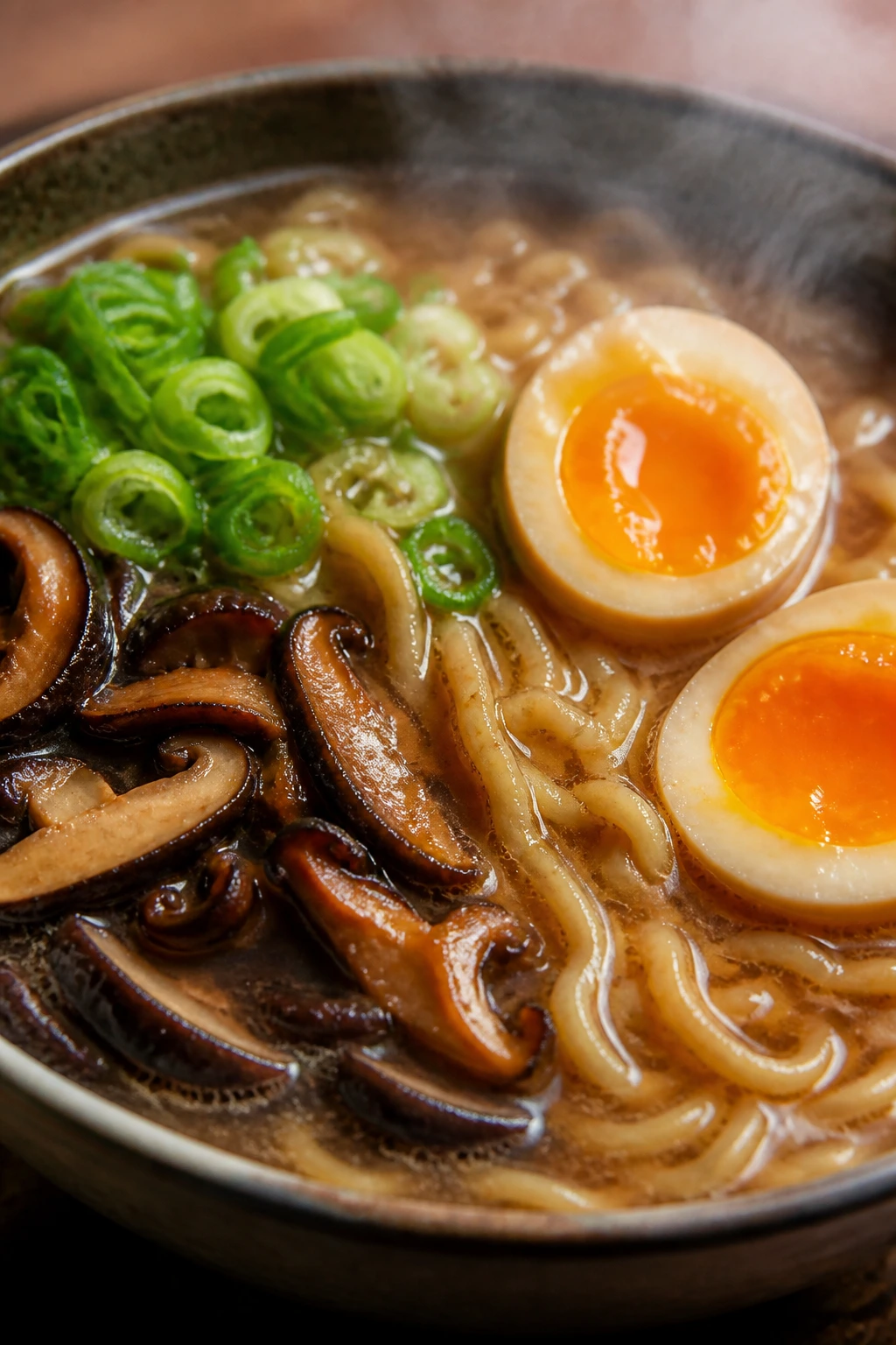 Close-up of miso ramen with shiitake mushrooms, eggs, and scallions